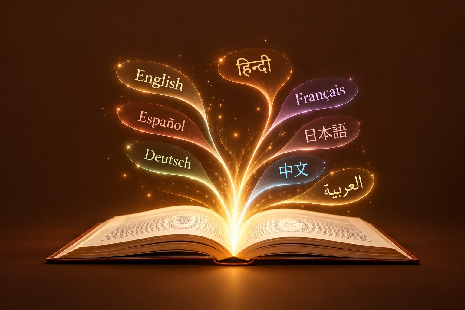 An open book glowing with light, from which the names of languages rise in speech bubbles: English, हिन्दी, Français, Español, 日本語, Deutsch, 中文 and العربية